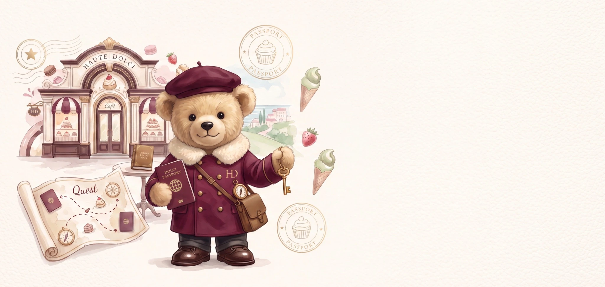 Dolci Bear with the Little Dolci Passport, a quest map and a Haute Dolci cafe
